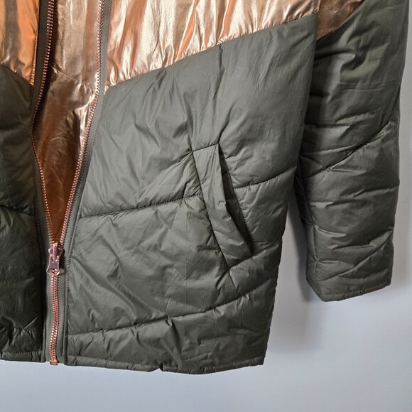 FREE PEOPLE Size XS Reversible Nylon Puffer Oversized Metallic Gold Green Coat - Picture 11 of 16
